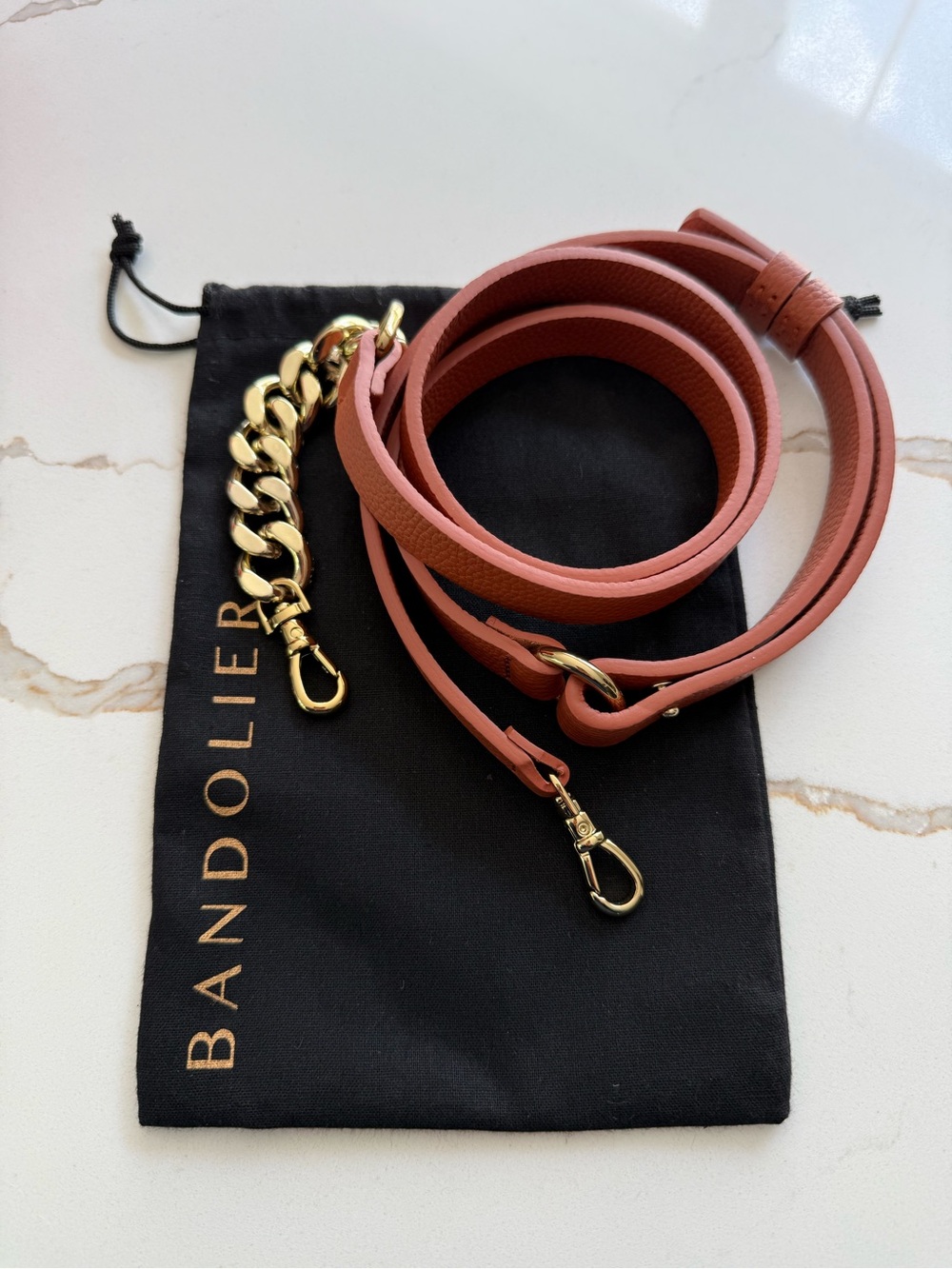 Bandolier Leather Phone Strap in Dusty Rose with Gold Hardware